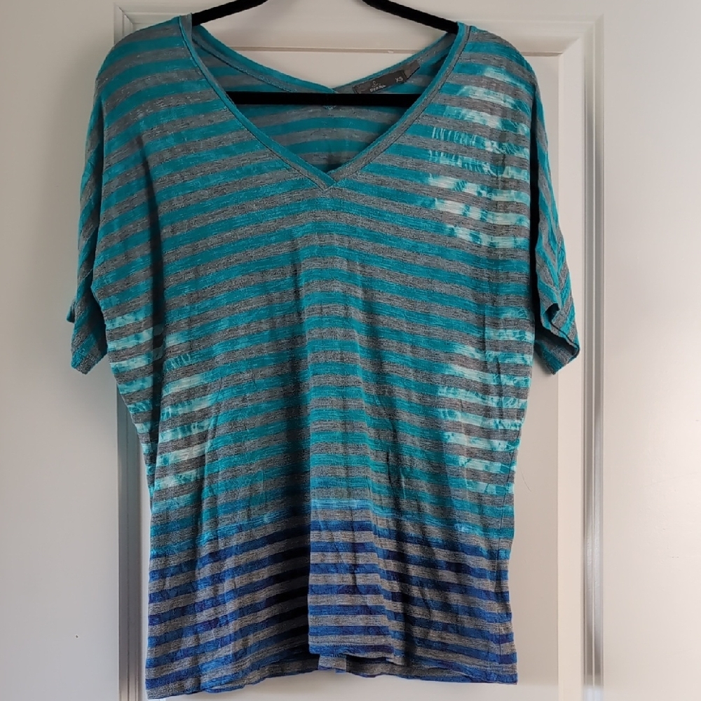 Prana Teal and Gray Striped Top